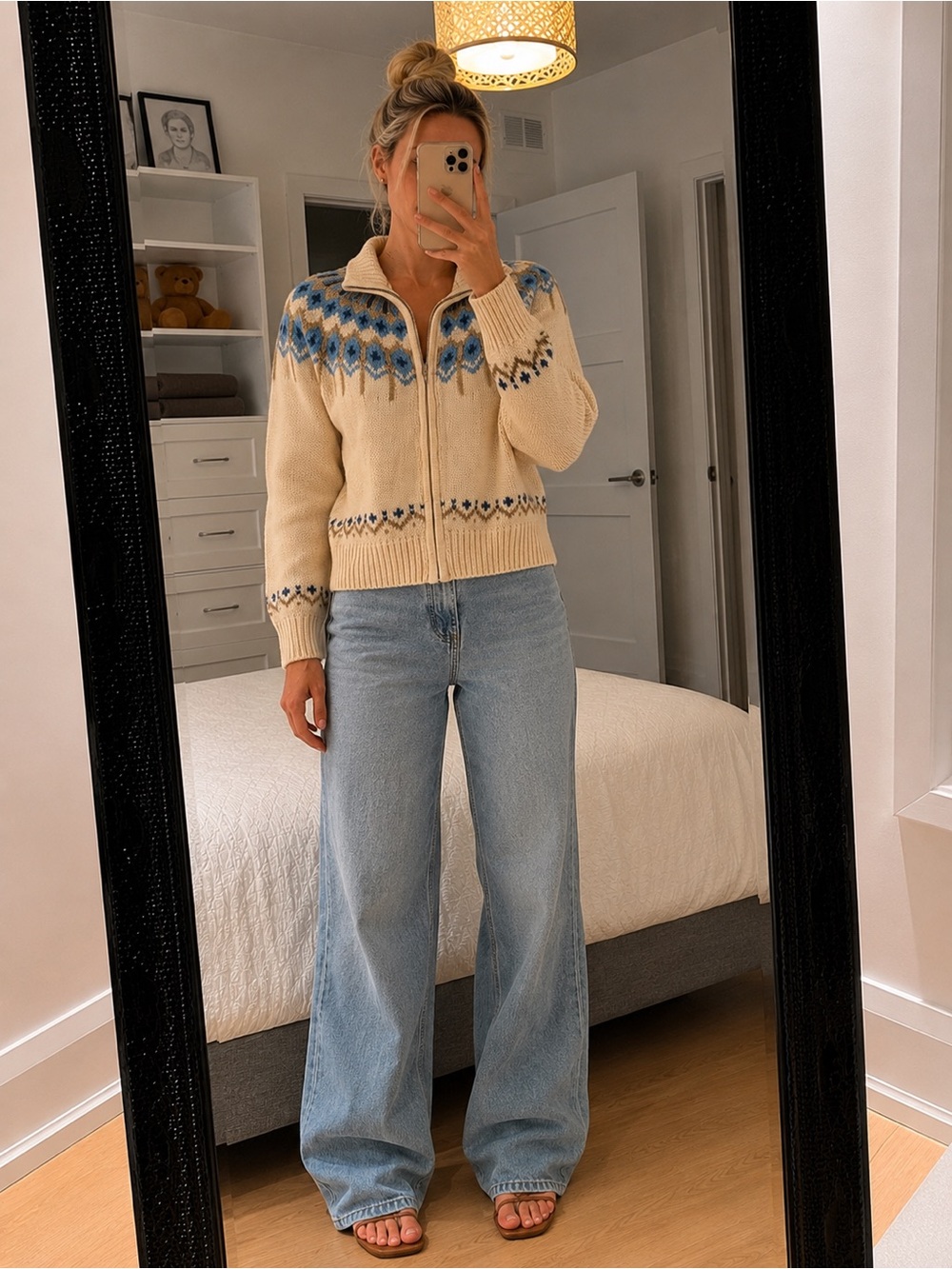 cleo Cream Cardigan with Blue Fair Isle Pattern